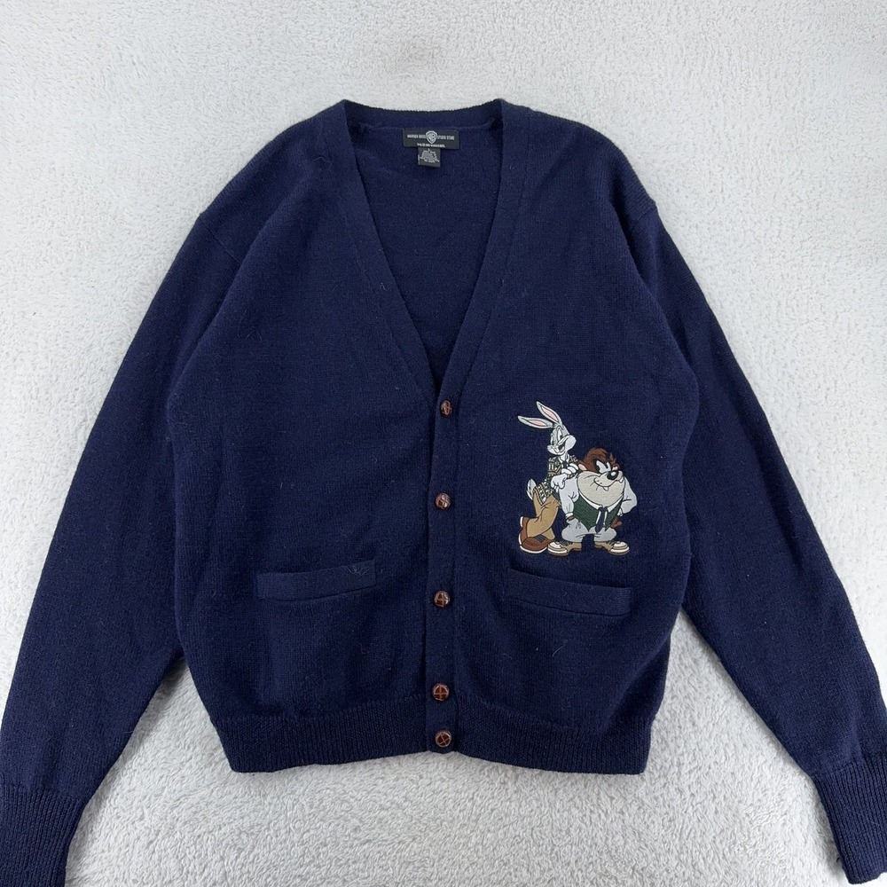 Vintage Looney Tunes Wool Cardigan Sweater Mens Large Bugs Bunny Taz cartoon 90s